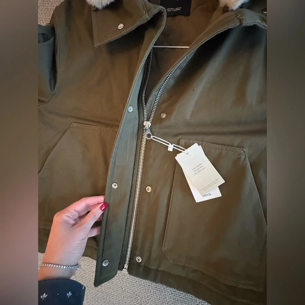 Mango Oversized Khaki Parka Faux Fur Collar Jacket NWT Small - Picture 13 of 14